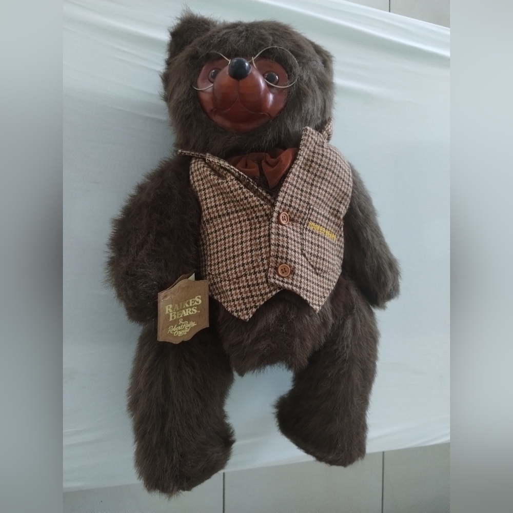 Robert Raikes Vintage 1985 Bear Sebastian Vest Glasses Wooden Face 20" Signed